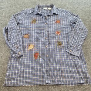 Bobbie Brooks size XL Plaid Fall Leaves Button Up long shirt Blue